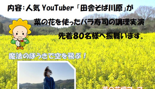 まんのう町帆山菜の花畑で「2023まんのう菜の花イベント」が2023年3月16日(木)に開催される。3月19日(日)には「魔法のほうき作り体験会」があるみたい